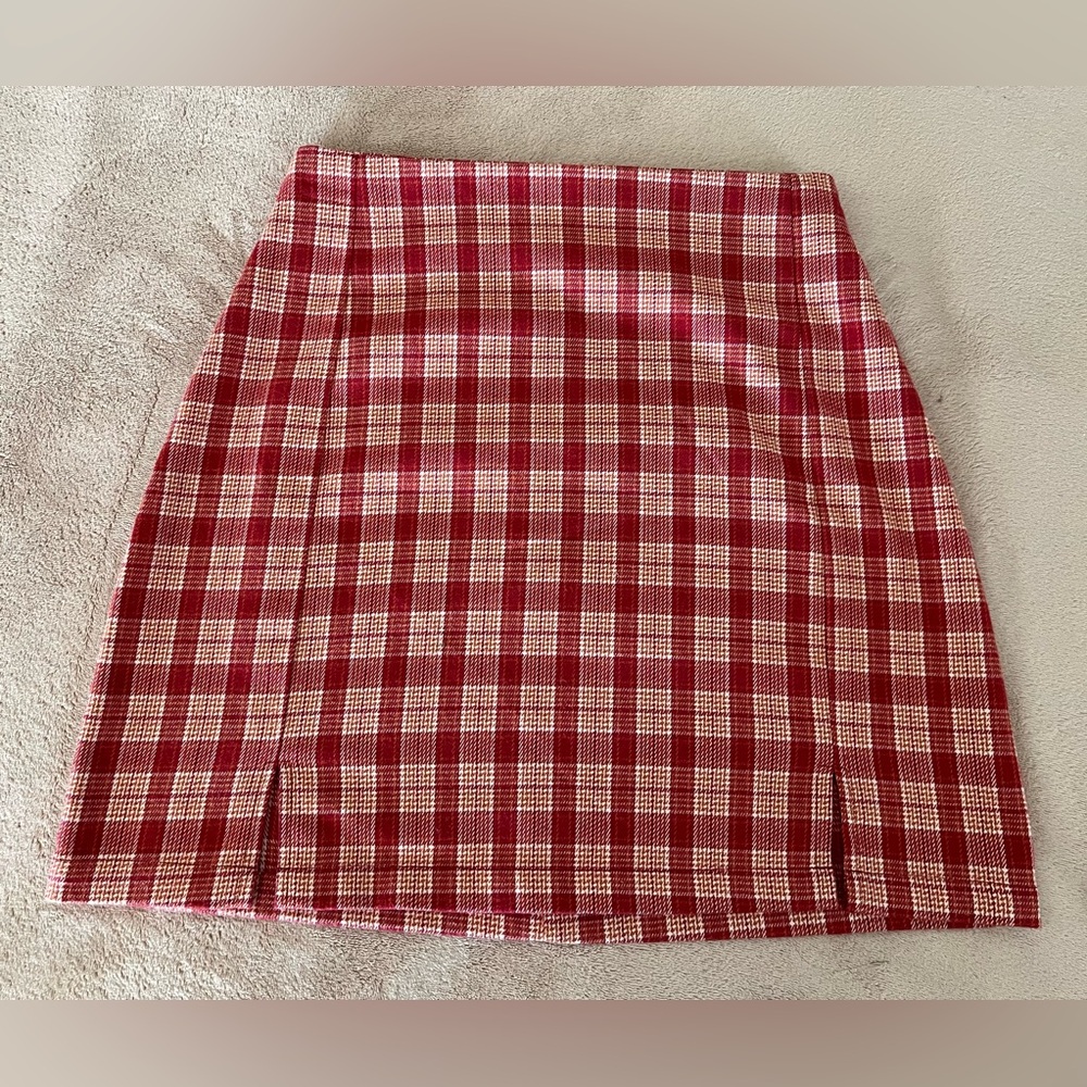Brandy Melville Red and White Plaid A-Line Mini Skirt